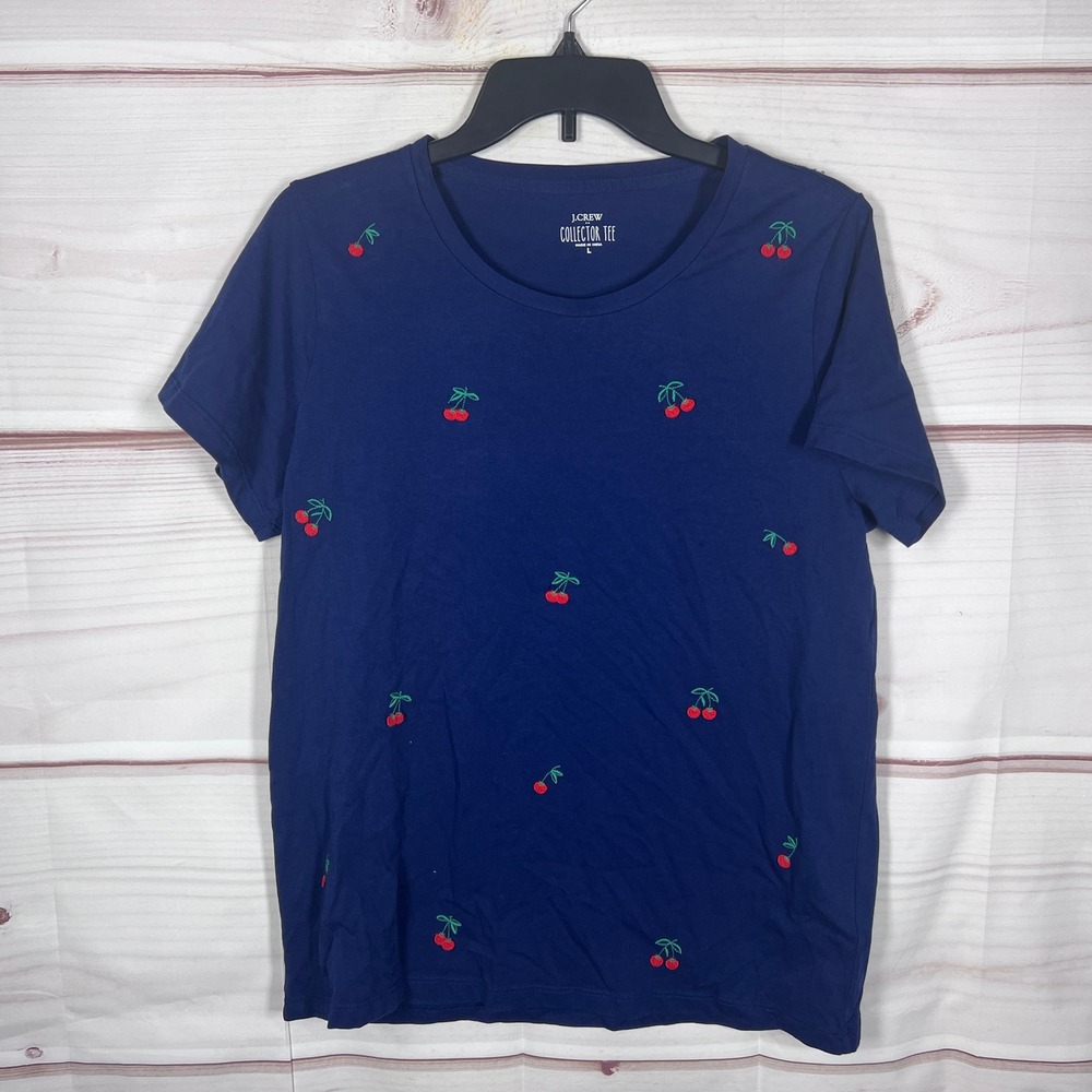 J.Crew T-Shirt Womens Large Blue Collector Tee Cherry Embroidered Short Sleeve